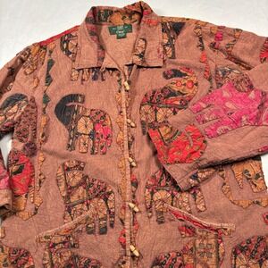 Orvis Patchwork Shirt Mens S Brown Elephant Boho Cotton Toggle Button Down